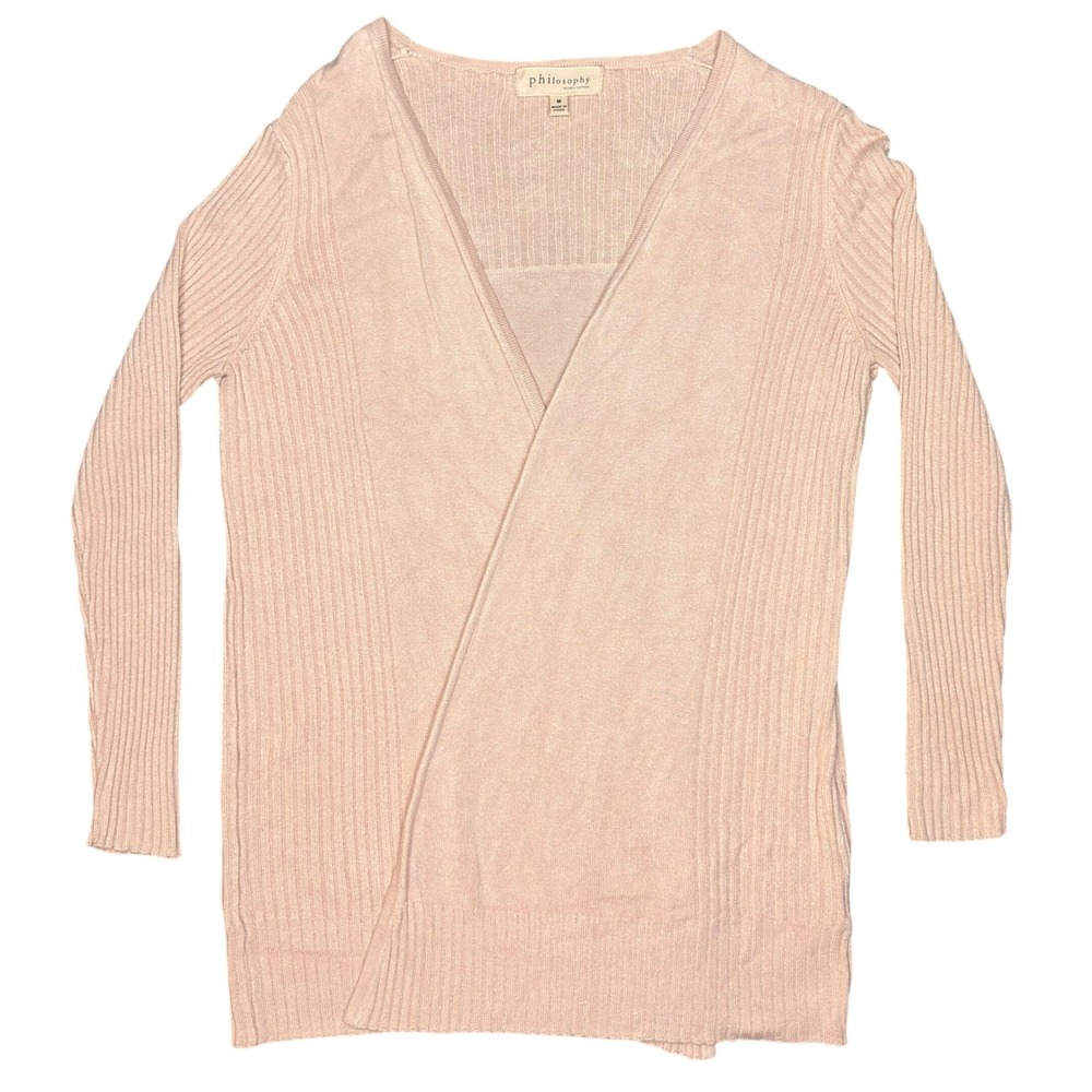 Philosophy Cardigan M Pink Ribbed Open Front Draped Viscose Knit Sweater